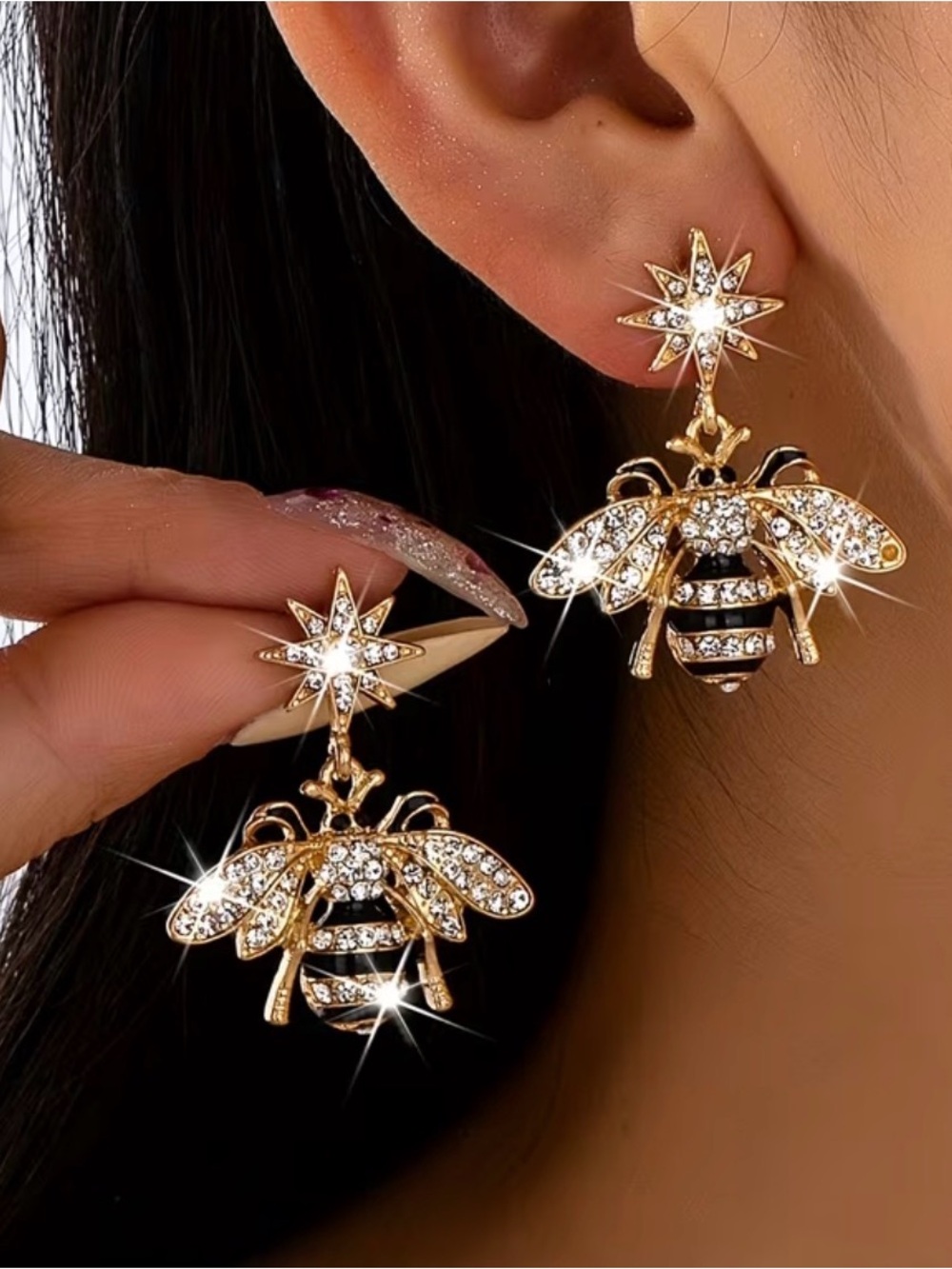 Gold Bee Drop Earrings with Black and Clear Crystal Accents